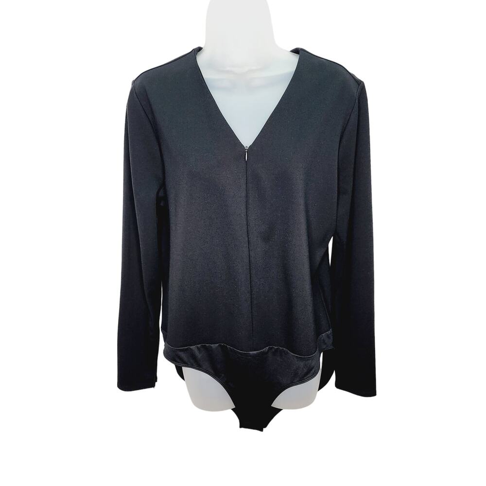 Chico's Black Label Bodysuit L Black V Neck Long Sleeve Minimalist Chic Top